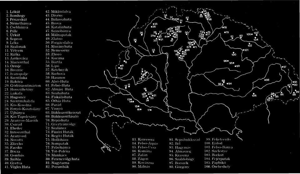 Csárad 31. Ebedec 32. Innocenthal 33. Aranyosd 34. Novotti 35. Zliecho 36. Facsko 37. Bócza 38. Gombás 39. Szihla 40. Gyetva 41. Végles Huta 42. Miklósfalva 43. Divény 44. Balassahuta 45. Bzova 46.