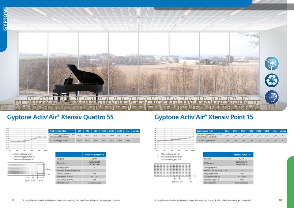 1200x300x10 2400x300x10 Tömeg (kg/m 2 ) 7 Perforált felület aránya (%) 15 Fényvisszaverés* 70% % Tartószerkezet Cross Lock Unipro 300 mm függesztéssel és 70 mm ásványgyapottal Xtensiv Point 15 E24/A