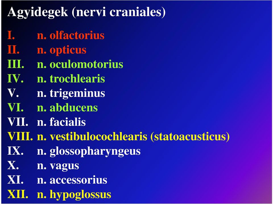 n. vestibulocochlearis (statoacusticus) IX. n. glossopharyngeus X.