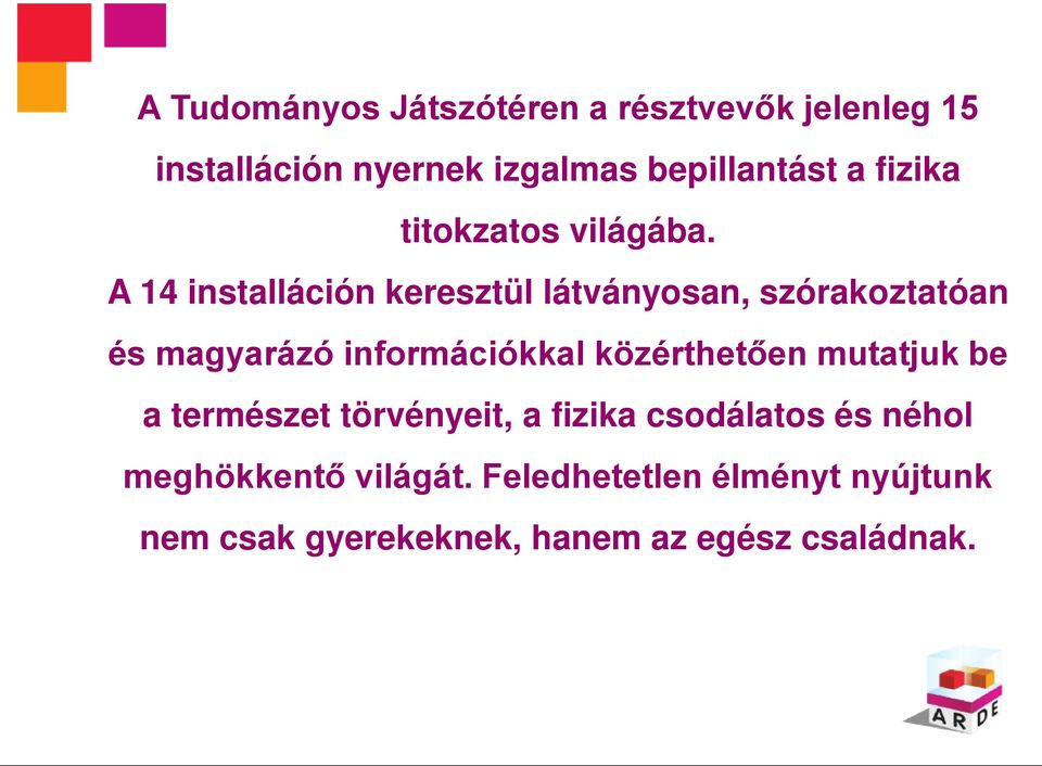 A 14 installáción keresztül látványosan, szórakoztatóan és magyarázó információkkal