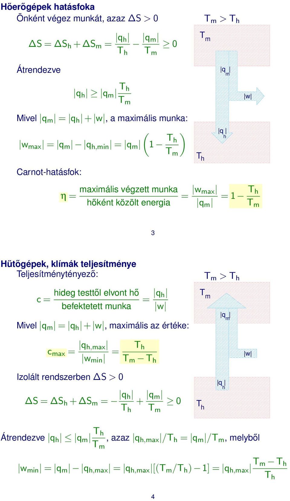 Teljesítménytényező: c = hdeg testtől elvont hő befektetett munka = q h w Mvel qm = qh + w, maxmáls az értéke: cmax = q h,max wmn = T h Tm Th Izolált rendszerben S >