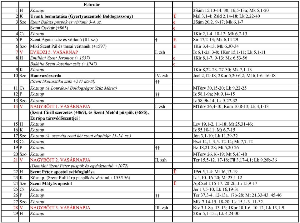 z és vértanú (III. sz.) E Sir 47,2-13; Mk 6,14-29 6 Szo Miki Sznt Pál és társai vértanúk (+1597) E 1Kir 3,4-13; Mk 6,30-34 7 V ÉVKÖZI 5. VASÁRNAP I. zsh Iz 6,1-2a.