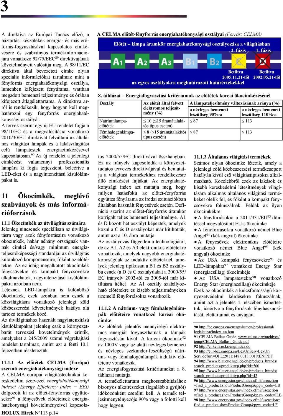 A /11/E direktíva által bevezetett címke olyan speciális információkat tartalmaz mint a fényforrás energiahatékonysági osztálya, lumenben kifejezett fényárama, wattban megadott bemeneti teljesítménye