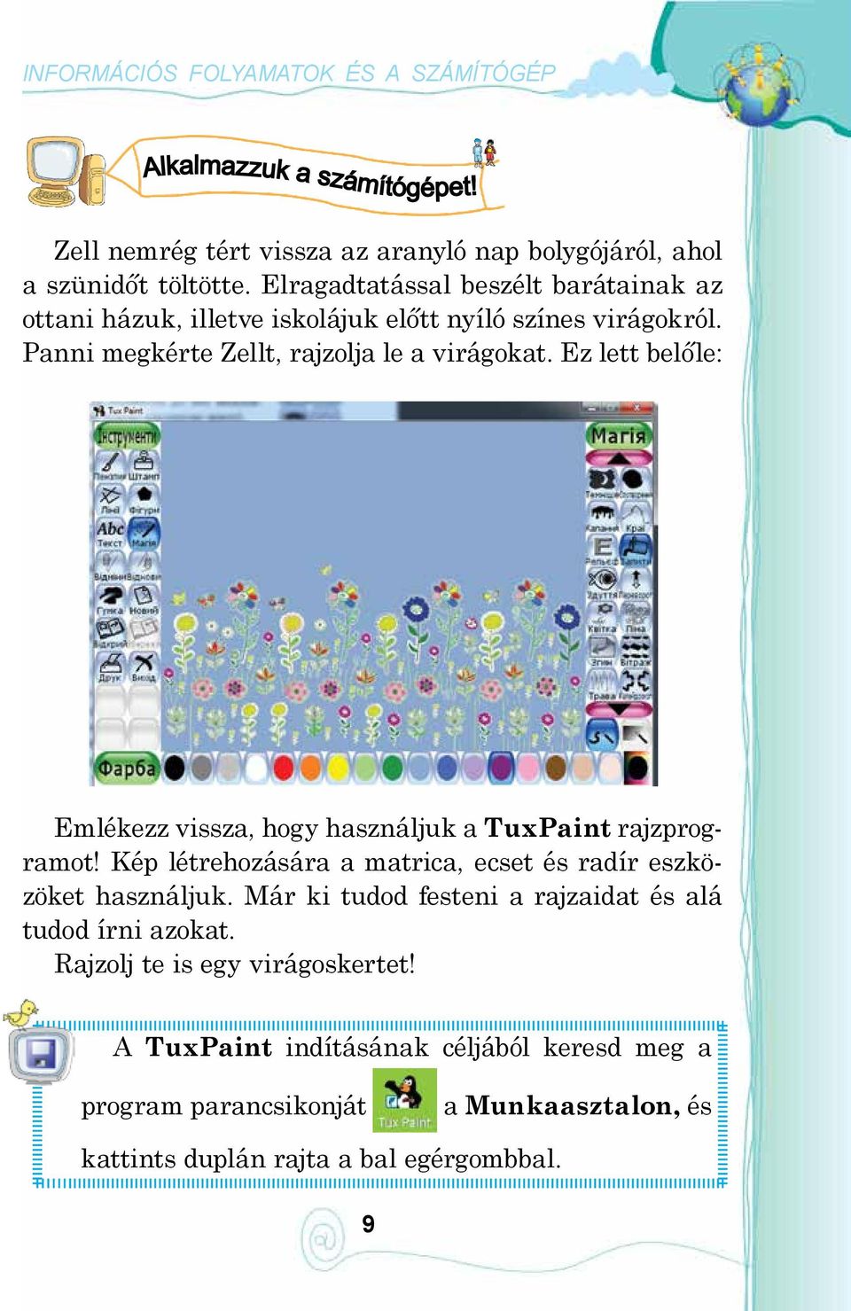 Ez lett belőle: Emlékezz vissza, hogy használjuk a TuxPaint rajzprogramot! Kép létrehozására a matrica, ecset és radír eszközöket használjuk.