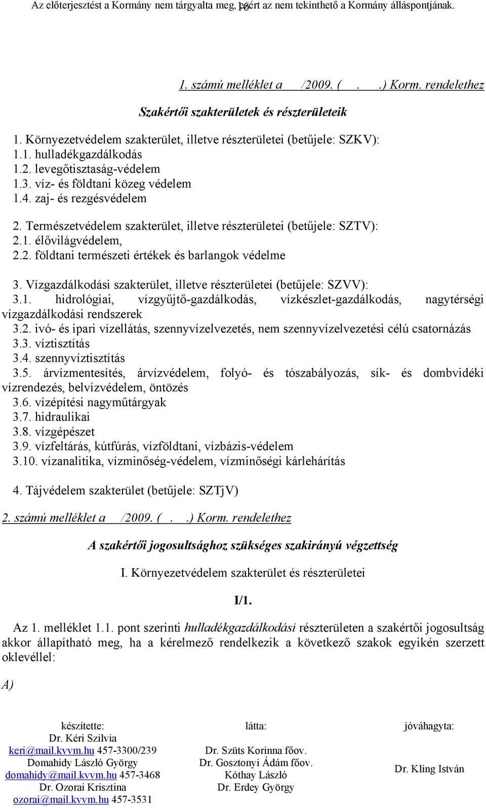 Természetvédelem szakterület, illetve részterületei (betűjele: SZTV): 2.1. élővilágvédelem, 2.2. földtani természeti értékek és barlangok védelme 3.