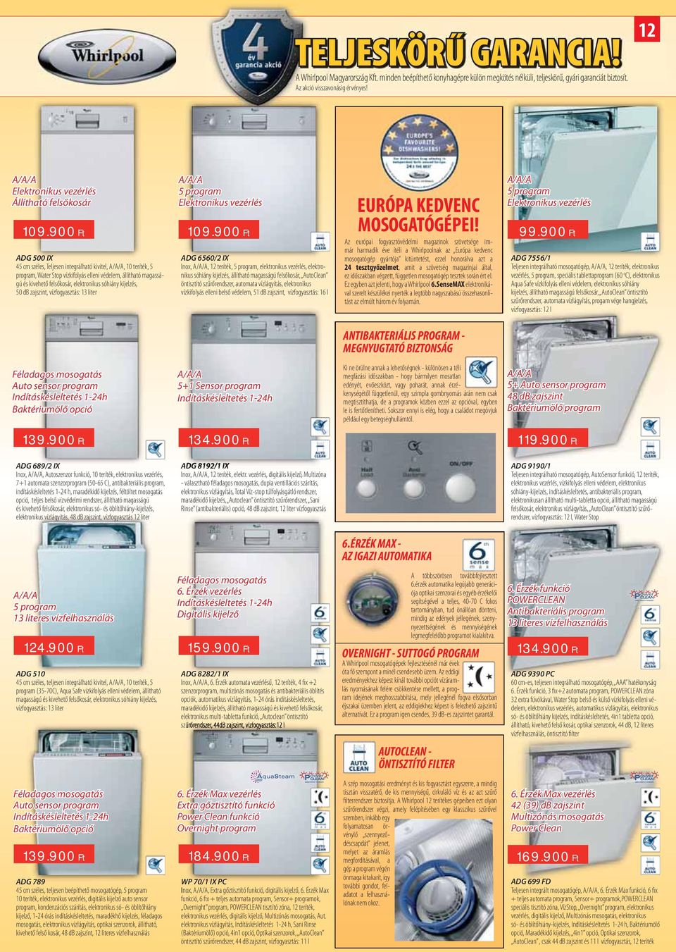 sóhiány kijelzés, 50 db zajszint, vízfogyasztás: 13 liter ADG 6560/2 IX Inox,, 12 teríték,, elektronikus vezérlés, elektronikus sóhiány kijelzés, állítható magasságú felsőkosár, AutoClean öntisztító