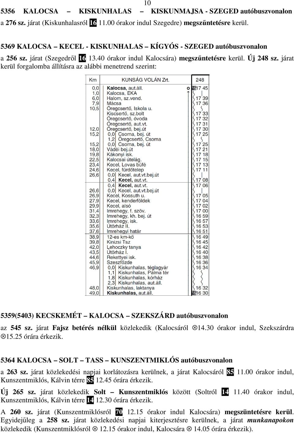 járat kerül forgalomba állításra az alábbi menetrend szerint: 5359(5403) KECSKEMÉT KALOCSA SZEKSZÁRD autóbuszvonalon az 545 sz. járat Fajsz betérés nélkül közlekedik (Kalocsáról 14.
