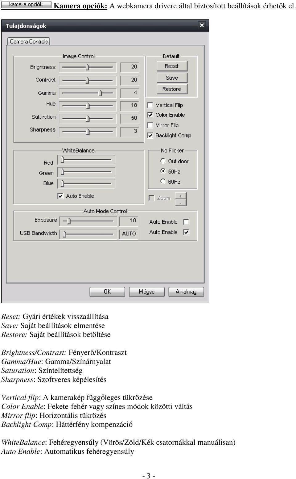 Gamma/Hue: Gamma/Színárnyalat Saturation: Színtelítettség Sharpness: Szoftveres képélesítés Vertical flip: A kamerakép függőleges tükrözése Color