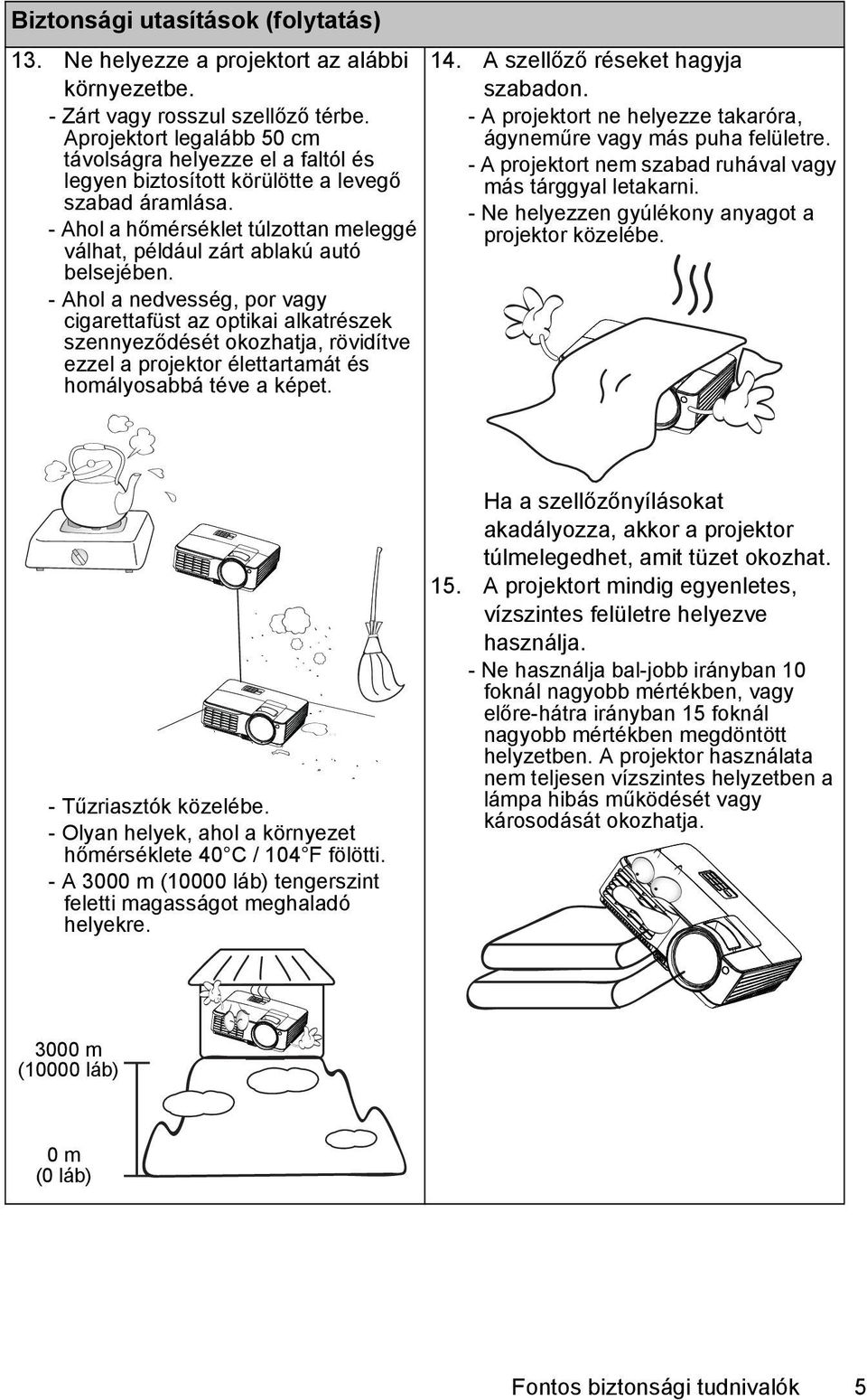 - Ahol a nedvesség, por vagy cigarettafüst az optikai alkatrészek szennyeződését okozhatja, rövidítve ezzel a projektor élettartamát és homályosabbá téve a képet. 14.