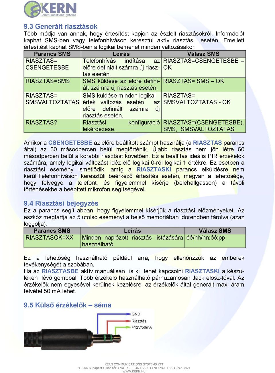 RIASZTAS=SMS SMS küldése az elıre definiált számra új riasztás esetén.