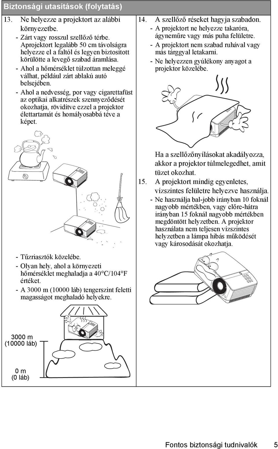 - Ahol a nedvesség, por vagy cigarettafüst az optikai alkatrészek szennyeződését okozhatja, rövidítve ezzel a projektor élettartamát és homályosabbá téve a képet. 14.