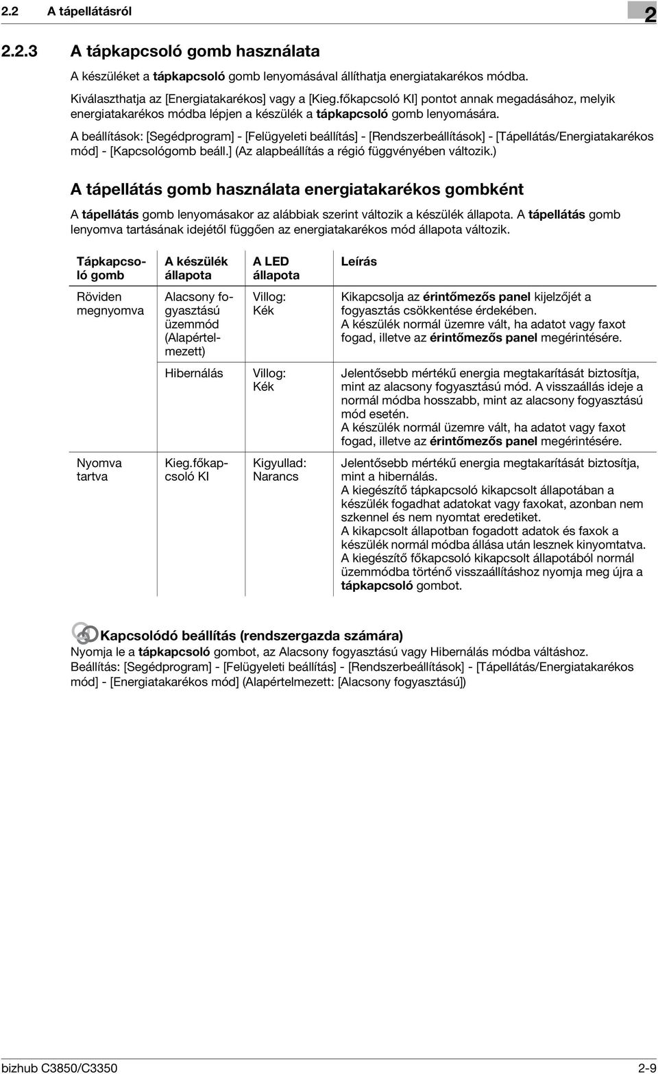 A beállítások: [Segédprogram] - [Felügyeleti beállítás] - [Rendszerbeállítások] - [Tápellátás/Energiatakarékos mód] - [Kapcsológomb beáll.] (Az alapbeállítás a régió függvényében változik.