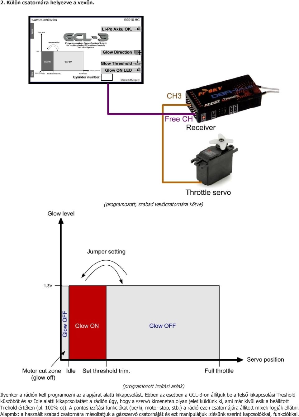 Ebben az esetben a GCL-3-on állítjuk be a felső kikapcsolási Treshold küszöböt és az Idle alatti kikapcsoltatást a rádión úgy, hogy a szervó kimeneten olyan jelet