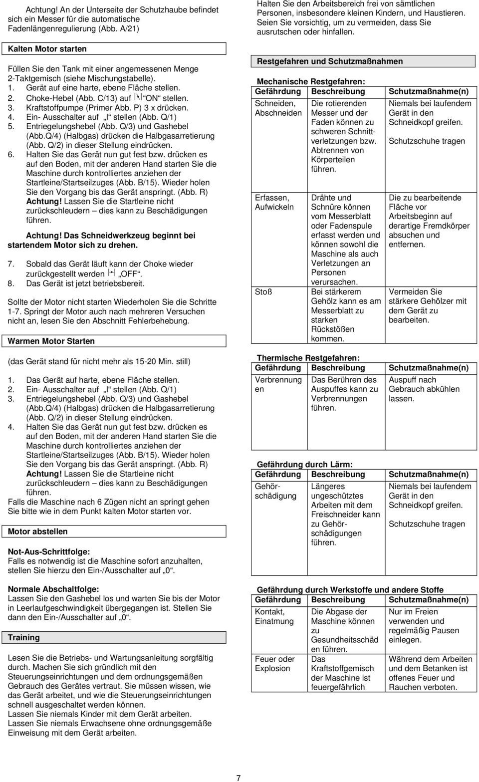 C/13) auf ON stellen. 3. Kraftstoffpumpe (Primer Abb. P) 3 x drücken. 4. Ein- Ausschalter auf I stellen (Abb. Q/1) 5. Entriegelungshebel (Abb. Q/3) und Gashebel (Abb.