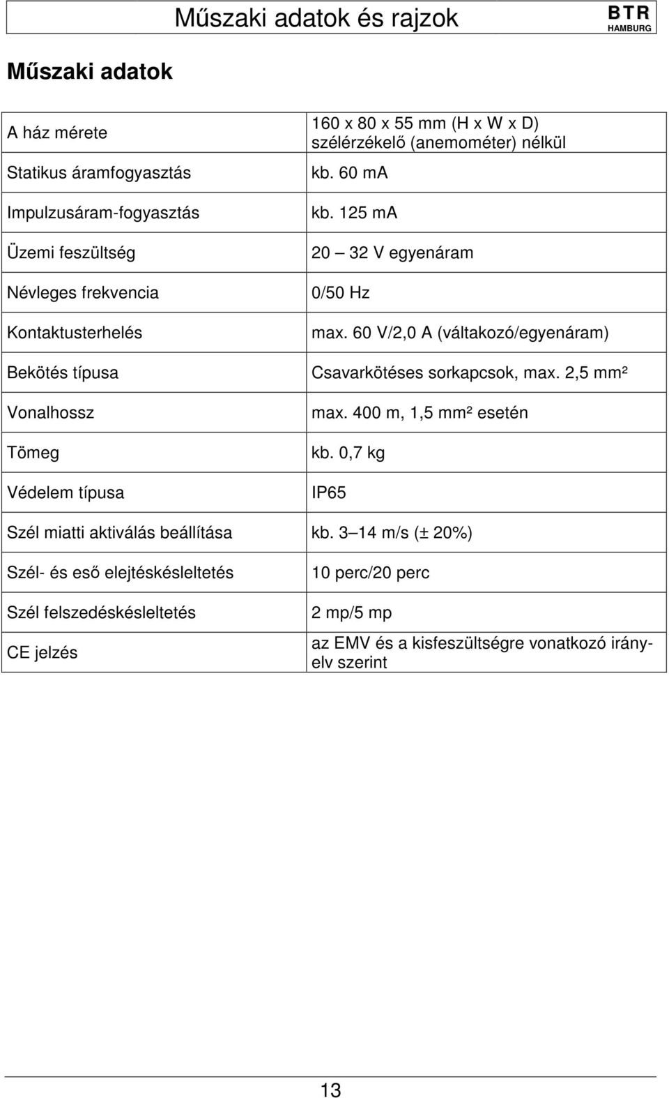 60 V/2,0 A (váltakozó/egyenáram) Csavarkötéses sorkapcsok, max. 2,5 mm² max. 400 m, 1,5 mm² esetén kb. 0,7 kg IP65 Szél miatti aktiválás beállítása kb.