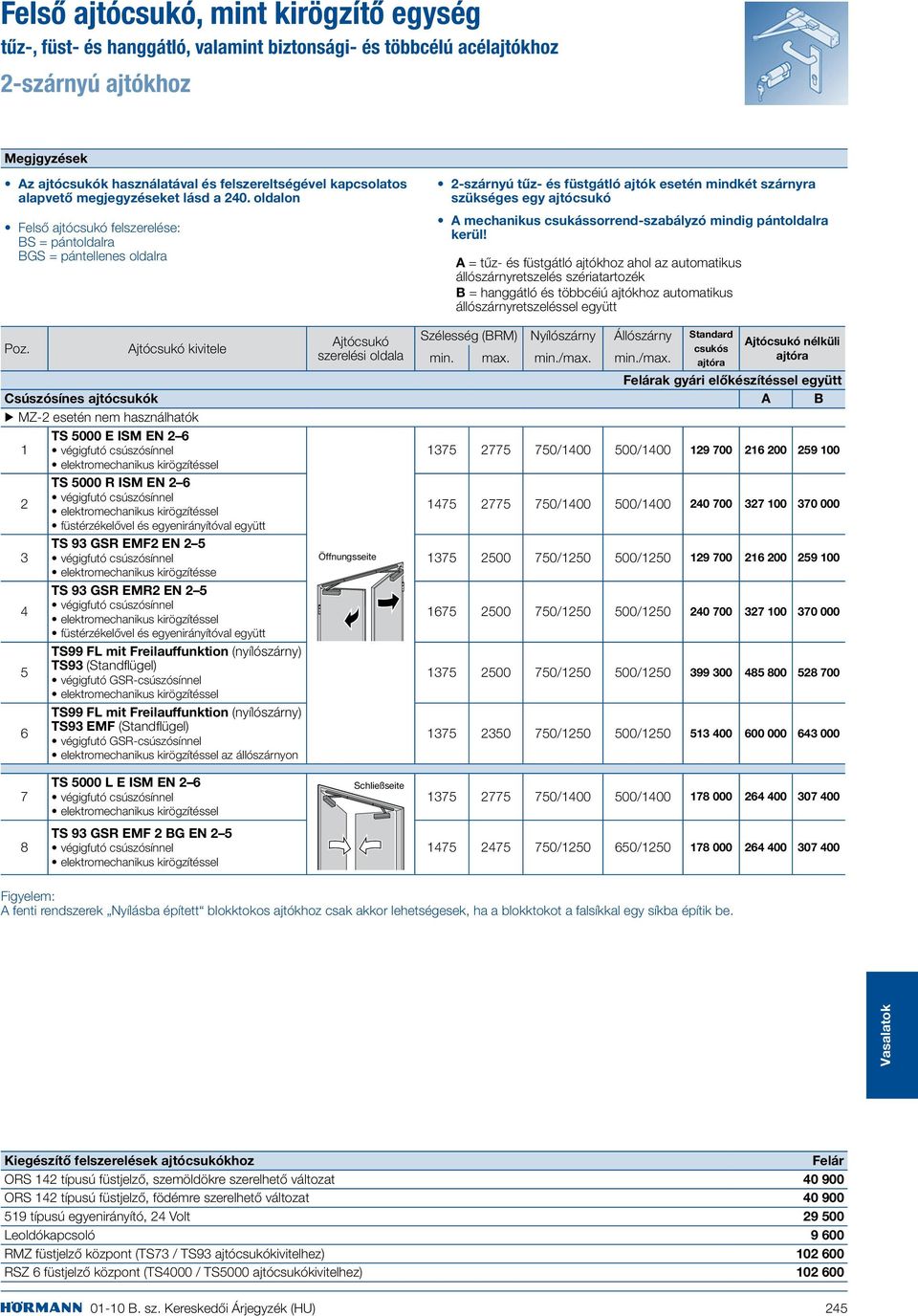 oldalon Felső ajtócsukó felszerelése: BS = pántoldalra BGS = pántellenes oldalra Ajtócsukó kivitele Ajtócsukó szerelési oldala 2-szárnyú tűz- és füstgátló ajtók esetén mindkét szárnyra szükséges egy