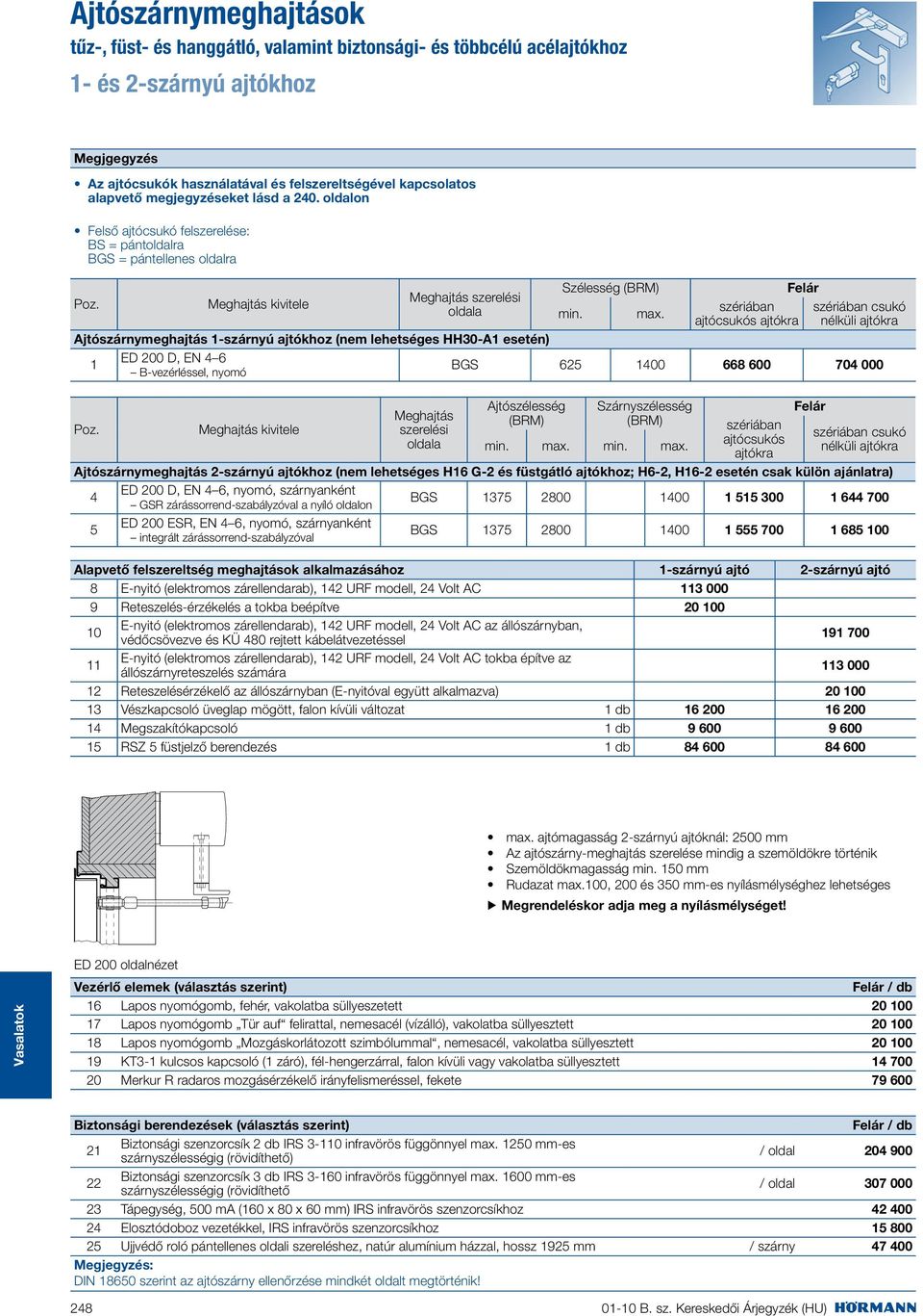 szériában ajtócsukós ajtókra szériában csukó nélküli ajtókra Ajtószárnymeghajtás -szárnyú ajtókhoz (nem lehetséges HH30-A esetén) ED 200 D, EN 4 6 BGS 625 400 668 600 704 000 B-vezérléssel, nyomó