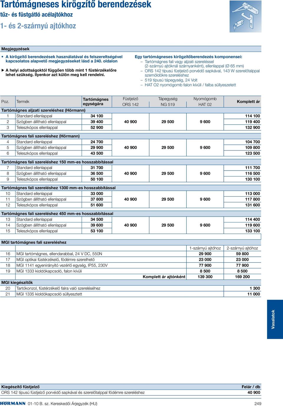 Termék Tartómágnes egységára Egy tartómágneses kirögzítőberendezés komponensei: Tartómágnes fali vagy aljzati szereléssel (2-szárnyú ajtóknál szárnyanként), ellenlappal (Ø 65 mm) ORS 42 típusú