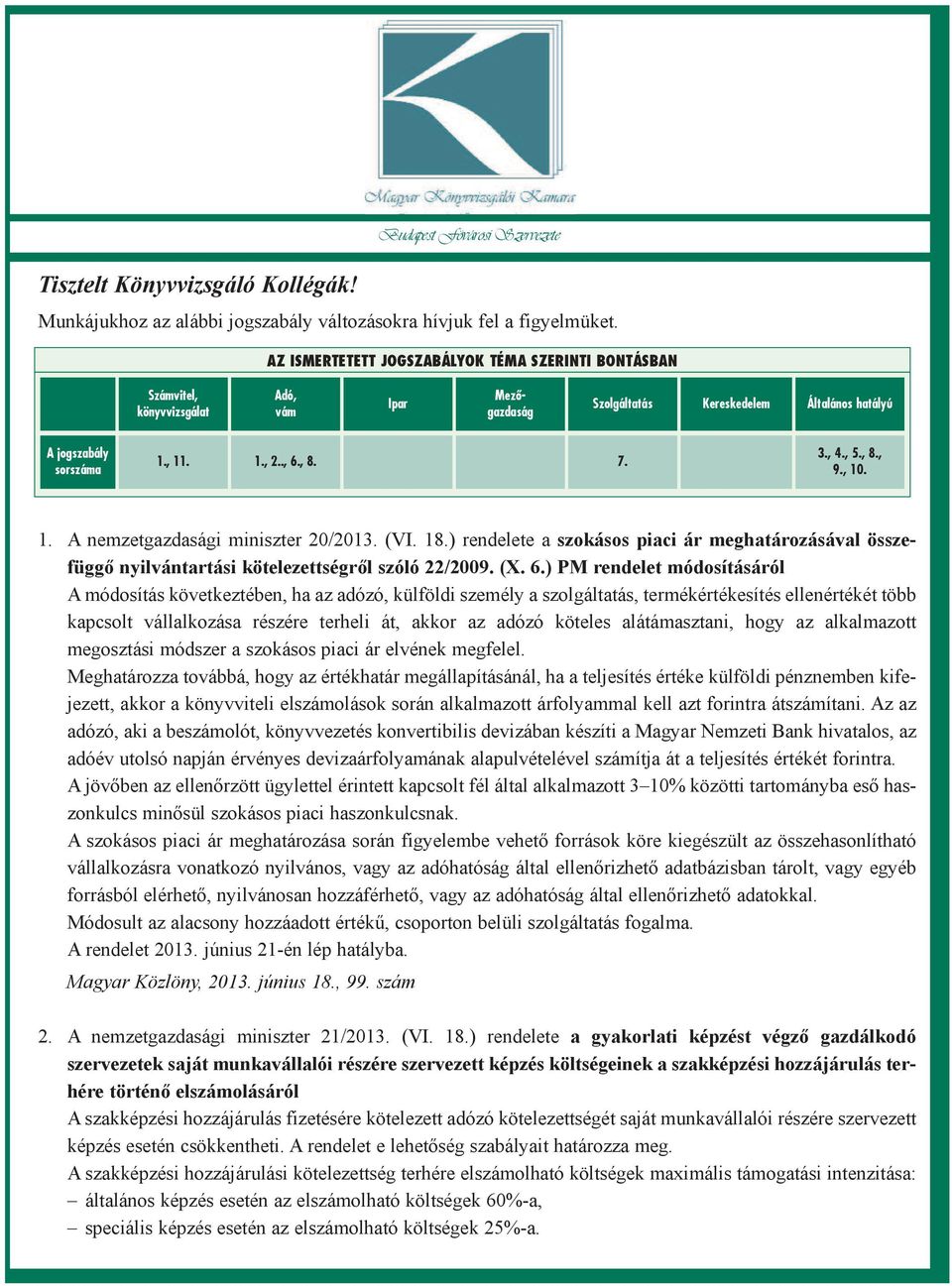 , 4., 5., 8., 9., 10. 1. A nemzetgazdasági miniszter 20/2013. (VI. 18.) rendelete a szokásos piaci ár meghatározásával összefüggõ nyilvántartási kötelezettségrõl szóló 22/2009. (X. 6.