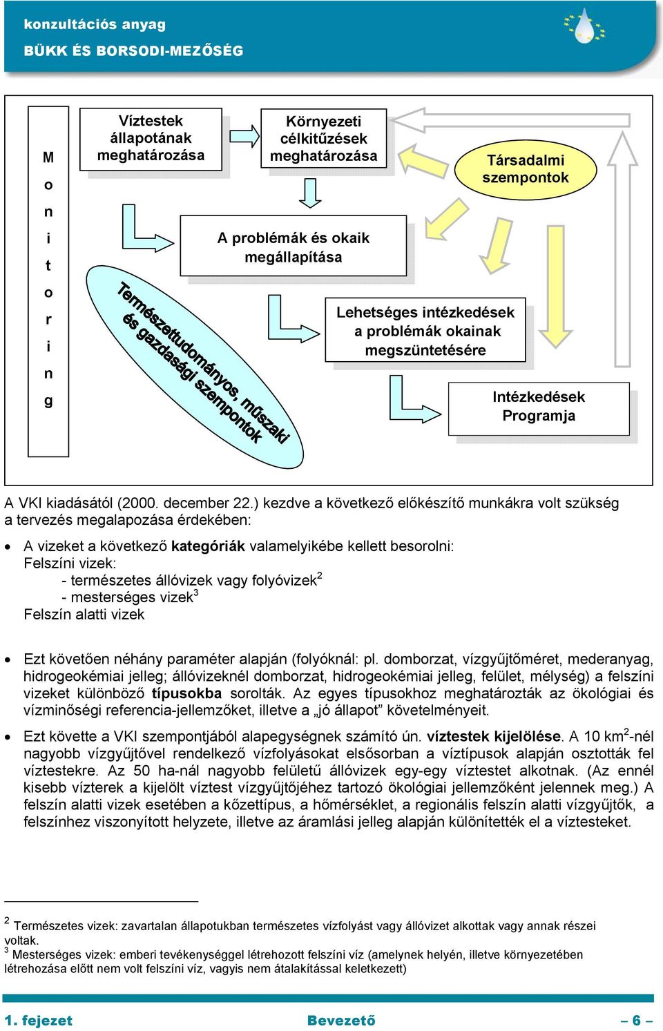 ) kezdve a következő előkészítő munkákra volt szükség a tervezés megalapozása érdekében: A vizeket a következő kategóriák valamelyikébe kellett besorolni: Felszíni vizek: - természetes állóvizek vagy