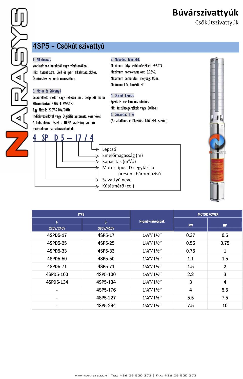 Opciók kérésre Speciális mechanikus tömítés Más feszültségértékek vagy 60Hz-es 5. Garancia: 1 év Kútátmérő (col) 4SPD5-17 4SP5-17 1¼ /1½ 0.37 0.