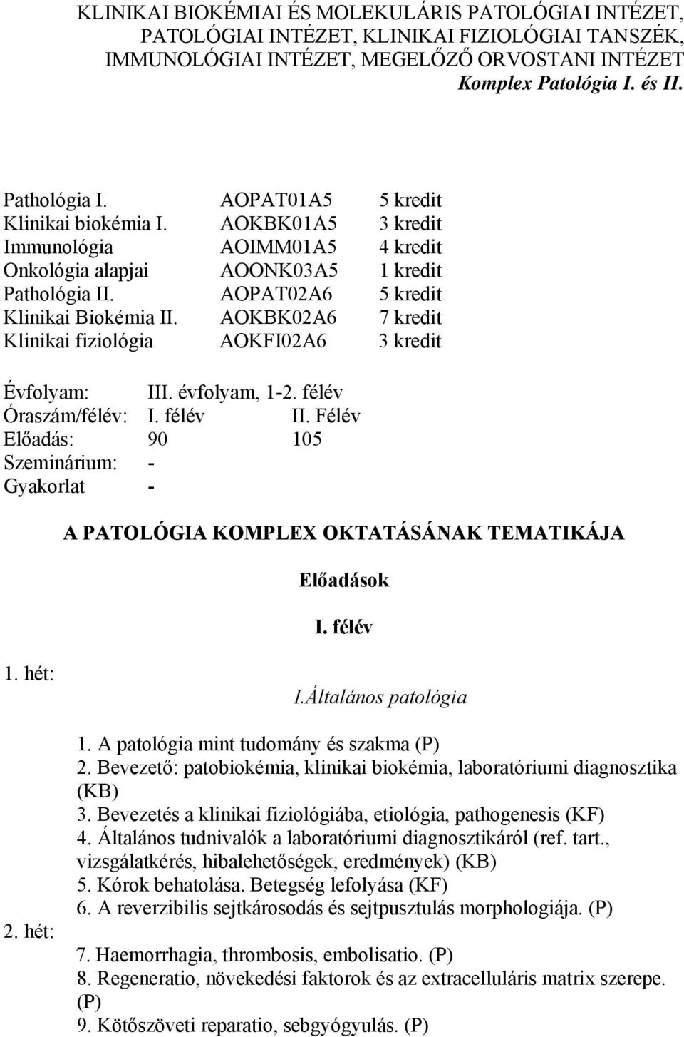 AOKBK02A6 7 kredit Klinikai fiziológia AOKFI02A6 3 kredit Évfolyam: III. évfolyam, 1-2. félév Óraszám/félév: I. félév II.