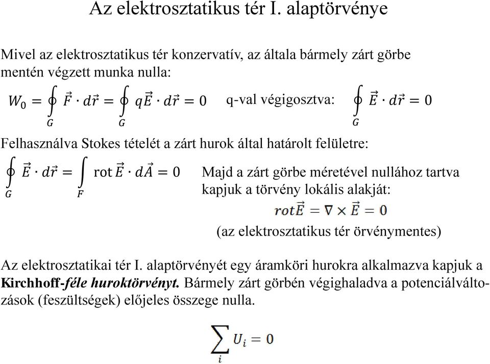 végigosztva: E dr G G G Felhasználva Stokes tételét a zárt hurok által határolt felületre: = 0 G E dr = rot E da = 0 F Majd a zárt görbe méretével