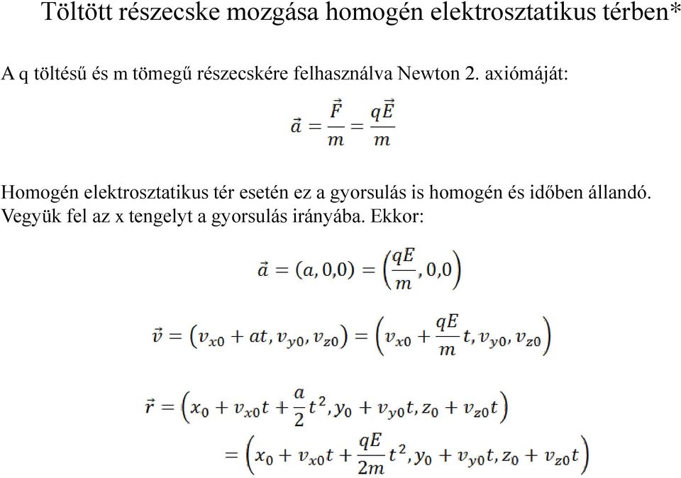 axiómáját: Homogén elektrosztatikus tér esetén ez a gyorsulás is