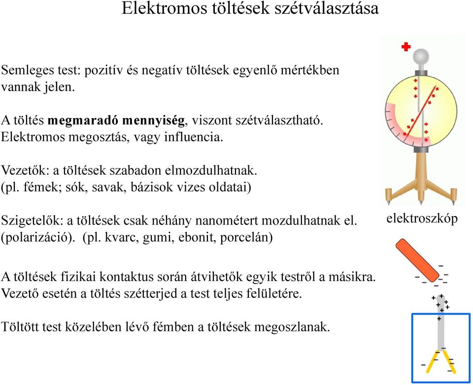 fémek; sók, savak, bázisok vizes oldatai) Szigetelők: a töltések csak néhány nanométert mozdulhatnak el. (polarizáció). (pl.