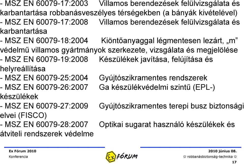 MSZ EN 60079-19:2008 Készülékek javítása, felújítása és helyreállítása - MSZ EN 60079-25:2004 Gyújtószikramentes rendszerek - MSZ EN 60079-26:2007 Ga készülékvédelmi szintű