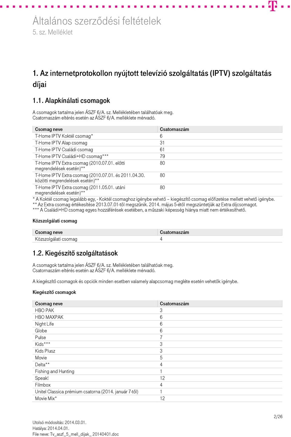 .07.01. előtti 80 megrendelések esetén)** T-Home IPTV Extra csomag (2010.07.01. és 2011.04.30. közötti megrendelések esetén)** 80 T-Home IPTV Extra csomag (2011.05.01. utáni 80 megrendelések esetén)** * A Koktél csomag legalább egy, - Koktél csomaghoz igénybe vehető kiegészítő csomag előfizetése mellett vehető igénybe.