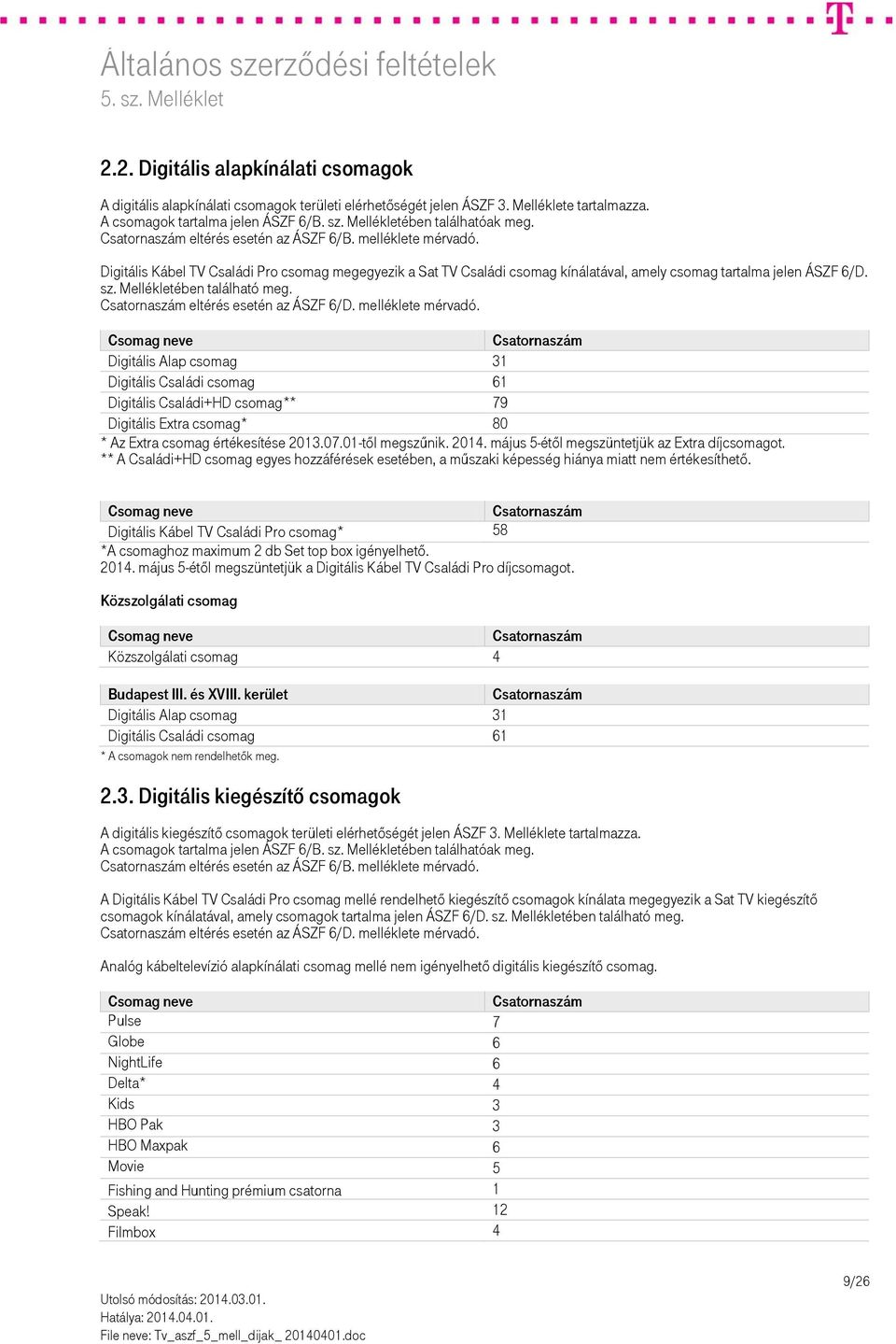 Digitális Kábel TV Családi Pro csomag megegyezik a Sat TV Családi csomag kínálatával, amely csomag tartalma jelen ÁSZF 6/D. sz. Mellékletében található meg. eltérés esetén az ÁSZF 6/D.