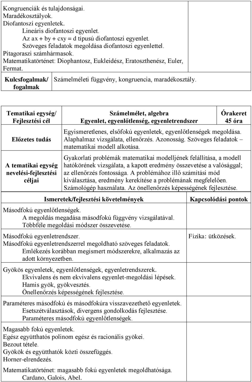 Kulcs/ Számelméleti függvény, kongruencia, maradékosztály. Számelmélet, algebra Egyenlet, egyenlőtlenség, egyenletrendszer 45 óra Egyismeretlenes, elsőfokú egyenletek, egyenlőtlenségek megoldása.