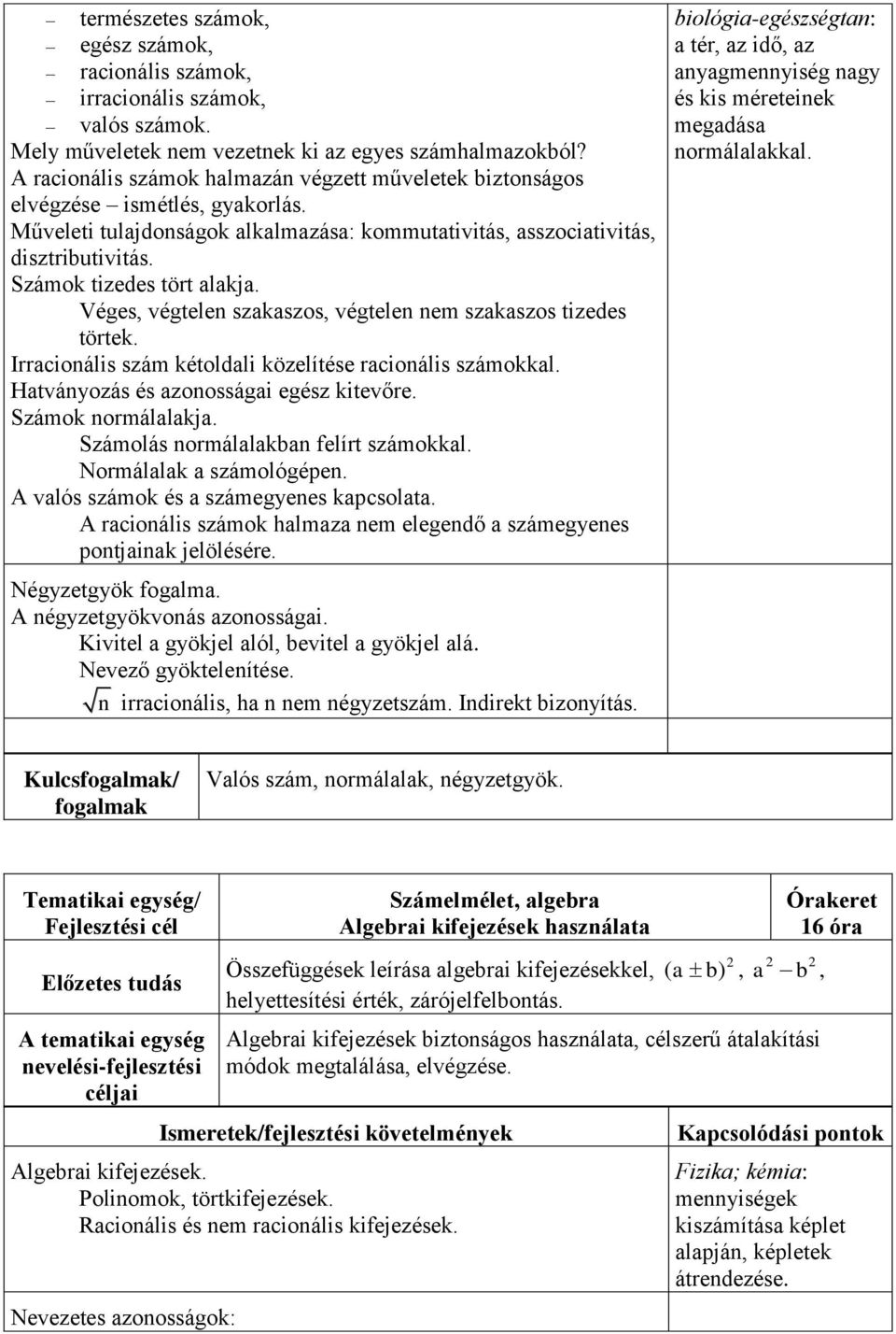 Számok tizedes tört alakja. Véges, végtelen szakaszos, végtelen nem szakaszos tizedes törtek. Irracionális szám kétoldali közelítése racionális számokkal. Hatványozás és azonosságai egész kitevőre.