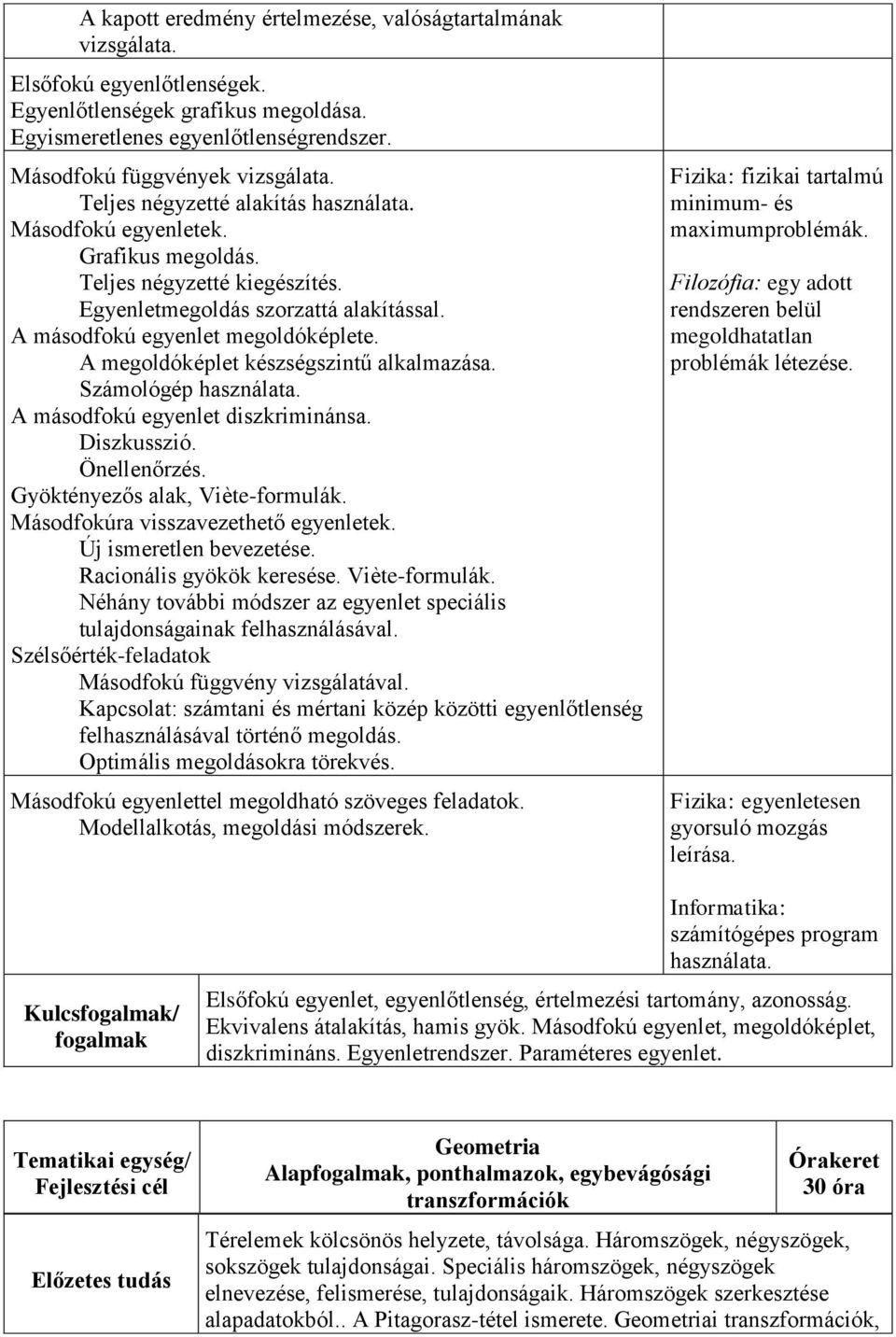 A megoldóképlet készségszintű alkalmazása. Számológép használata. A másodfokú egyenlet diszkriminánsa. Diszkusszió. Önellenőrzés. Gyöktényezős alak, Viète-formulák.