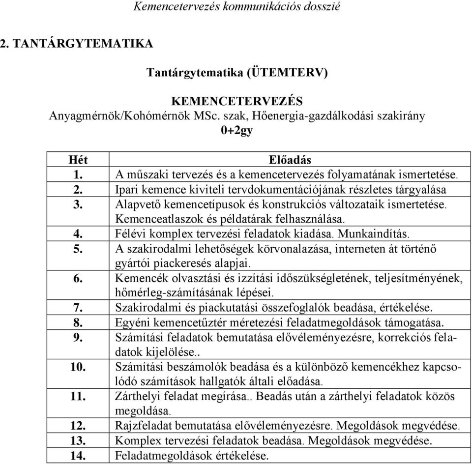 Alapvető kemencetípusok és konstrukciós változataik ismertetése. Kemenceatlaszok és példatárak felhasználása. 4. Félévi komplex tervezési feladatok kiadása. Munkaindítás. 5.