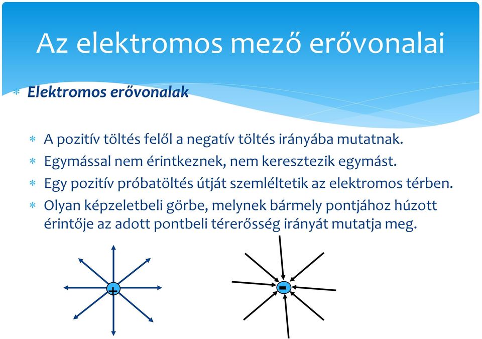 Egy pozitív próbatöltés útját szemléltetik az elektromos térben.