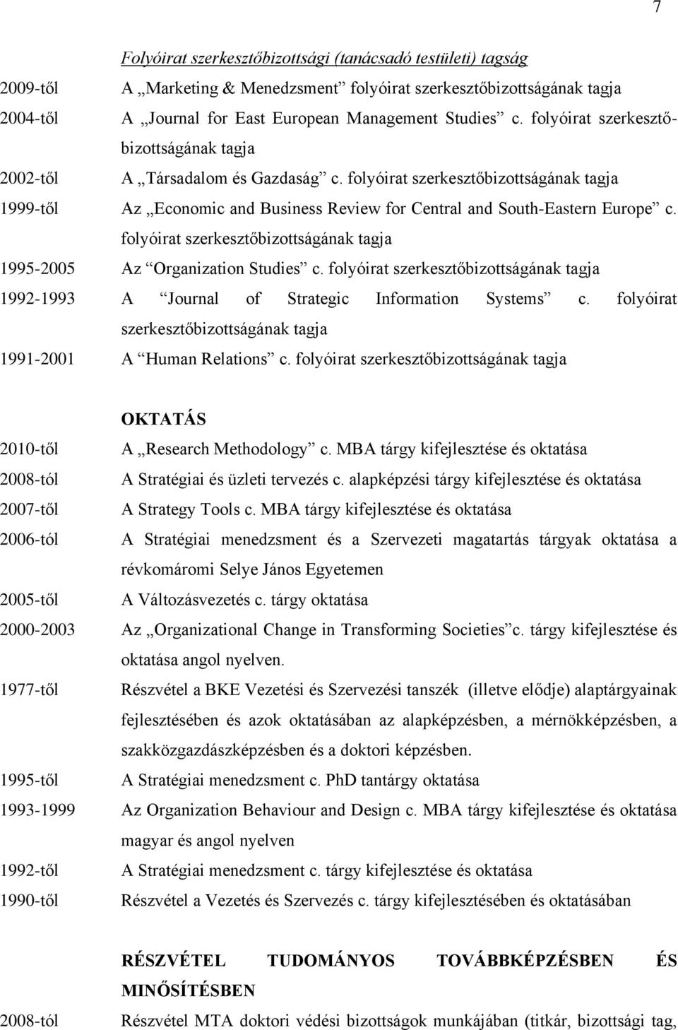 folyóirat szerkesztőbizottságának tagja 1995-2005 Az Organization Studies c. folyóirat szerkesztőbizottságának tagja 1992-1993 A Journal of Strategic Information Systems c.