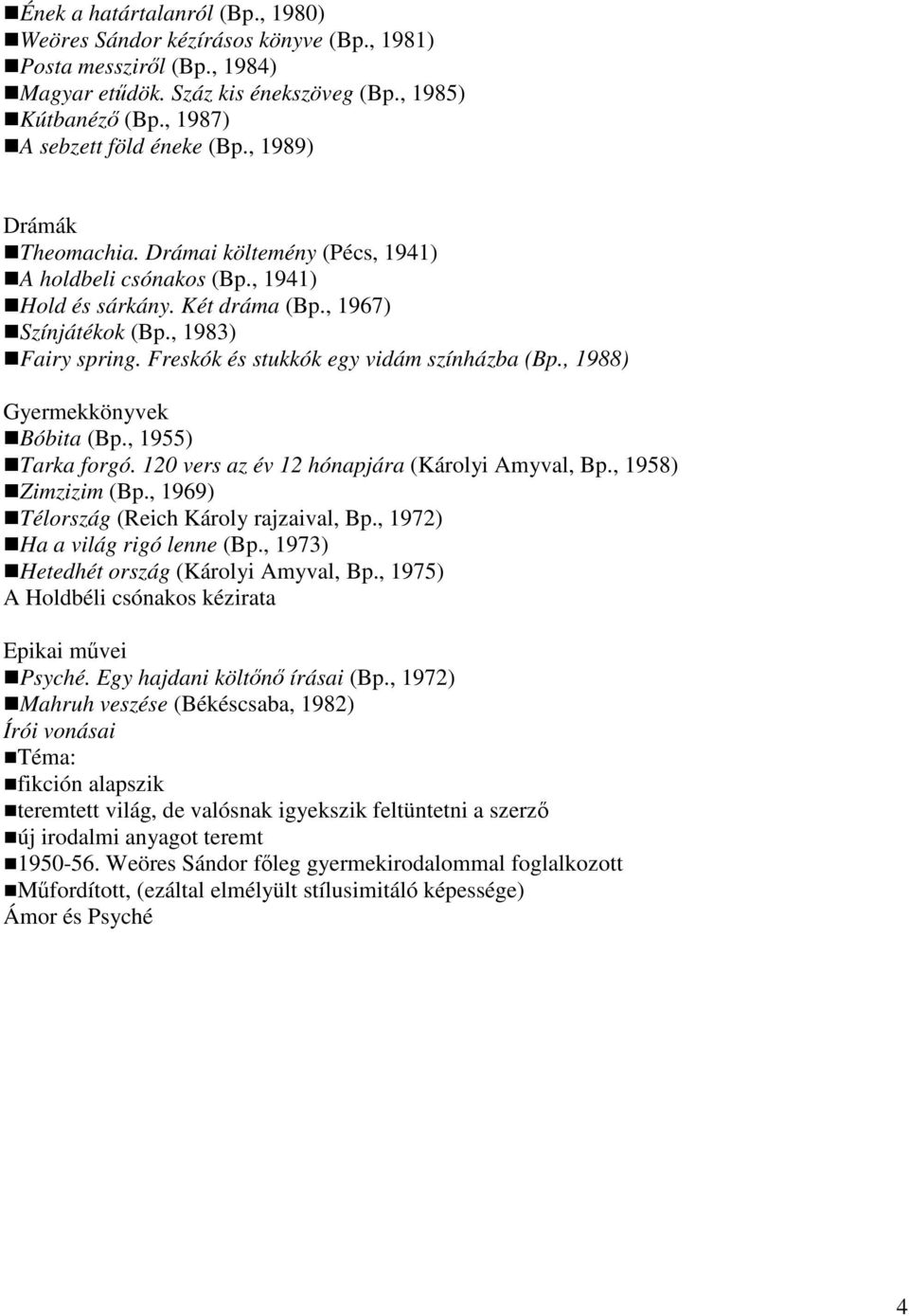 Freskók és stukkók egy vidám színházba (Bp., 1988) Gyermekkönyvek Bóbita (Bp., 1955) Tarka forgó. 120 vers az év 12 hónapjára (Károlyi Amyval, Bp., 1958) Zimzizim (Bp.