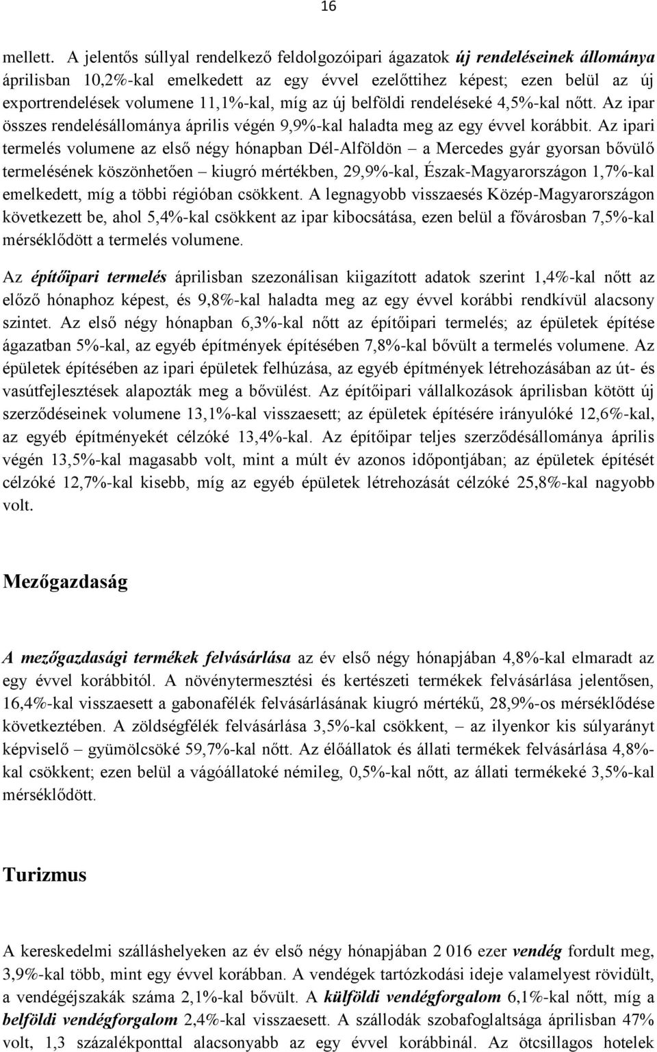 11,1%-kal, míg az új belföldi rendeléseké 4,5%-kal nőtt. Az ipar összes rendelésállománya április végén 9,9%-kal haladta meg az egy évvel korábbit.