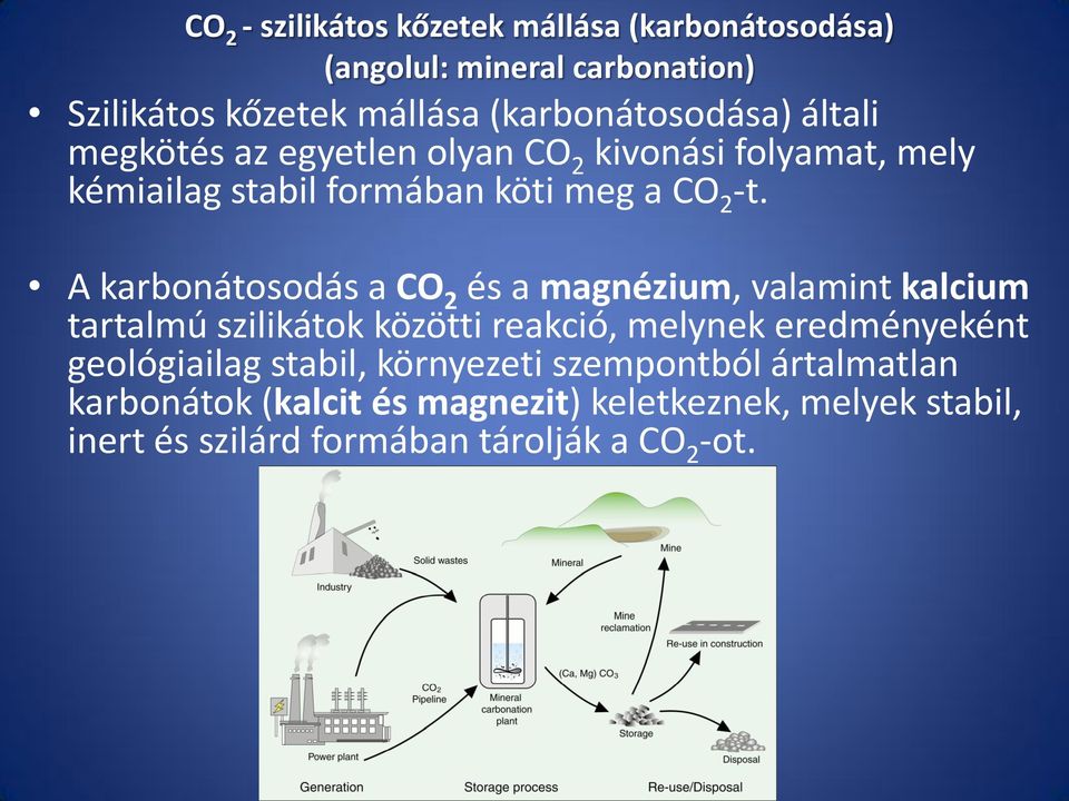 A karbonátosodás a CO 2 és a magnézium, valamint kalcium tartalmú szilikátok közötti reakció, melynek eredményeként geológiailag