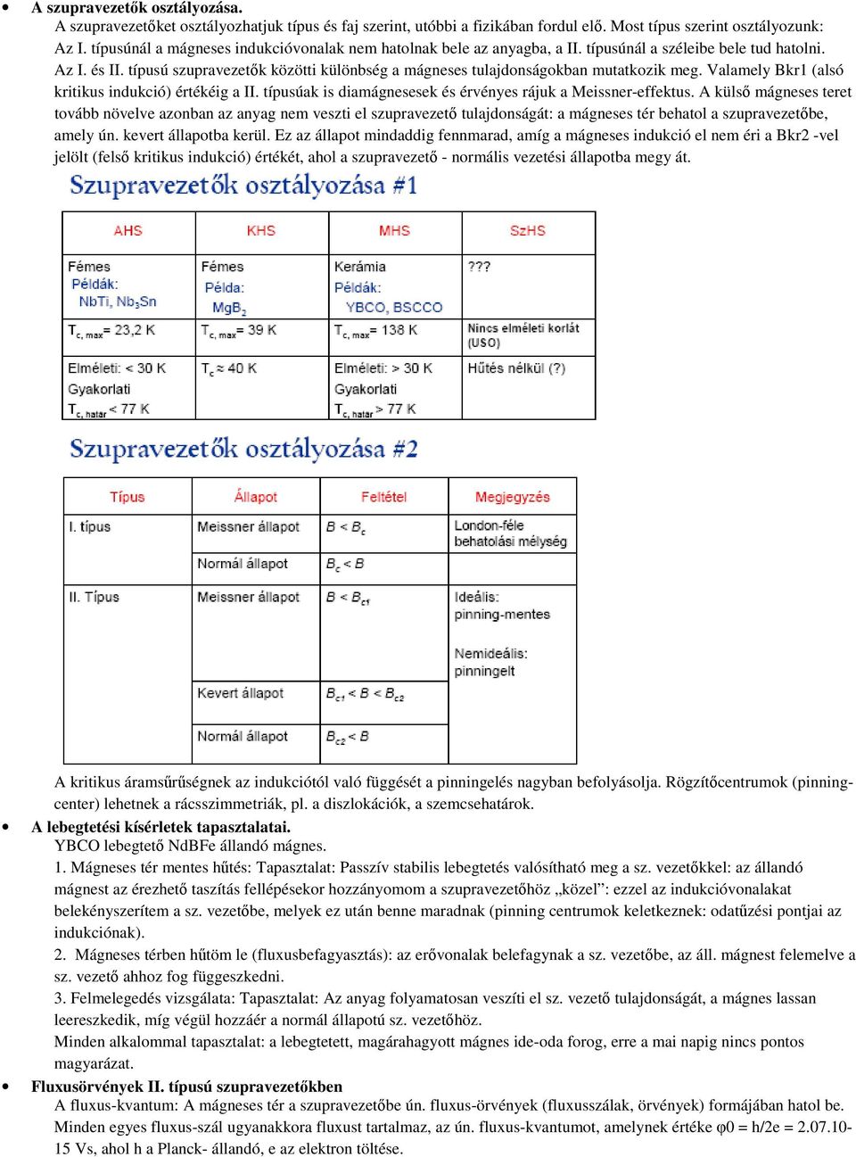 típusú szupravezetők közötti különbség a mágneses tulajdonságokban mutatkozik meg. Valamely Bkr1 (alsó kritikus indukció) értékéig a II.