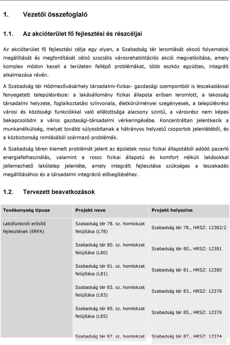 A Szabadság tér Hódmezővásárhely társadalmi-fizikai- gazdasági szempontból is leszakadással fenyegetett településrésze: a lakásállomány fizikai állapota erősen leromlott, a lakosság társadalmi