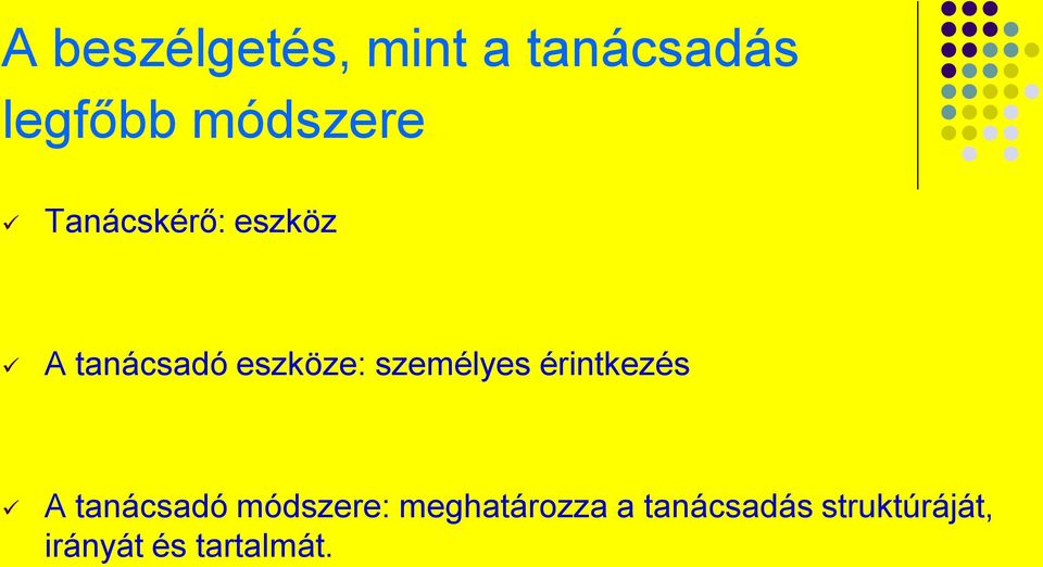 személyes érintkezés A tanácsadó módszere: