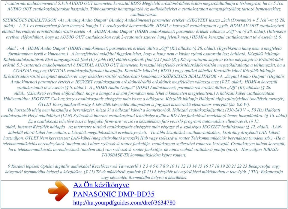 SZÜKSÉGES BEÁLLÍTÁSOK Az,,Analog Audio Output" (Analóg Audiokimenet) paraméter értékét vájegyzet lassza,,2ch (Downmix) + 5.1ch"-ra ( 28. oldal). A 7.1-es rendszerben felvett lemezek hangja 5.