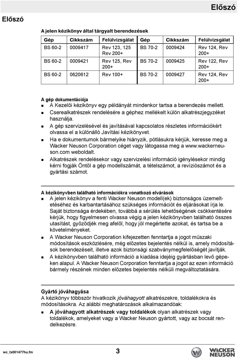 berendezés mellett. Cserealkatrészek rendelésére a géphez mellékelt külön alkatrészjegyzéket használja.