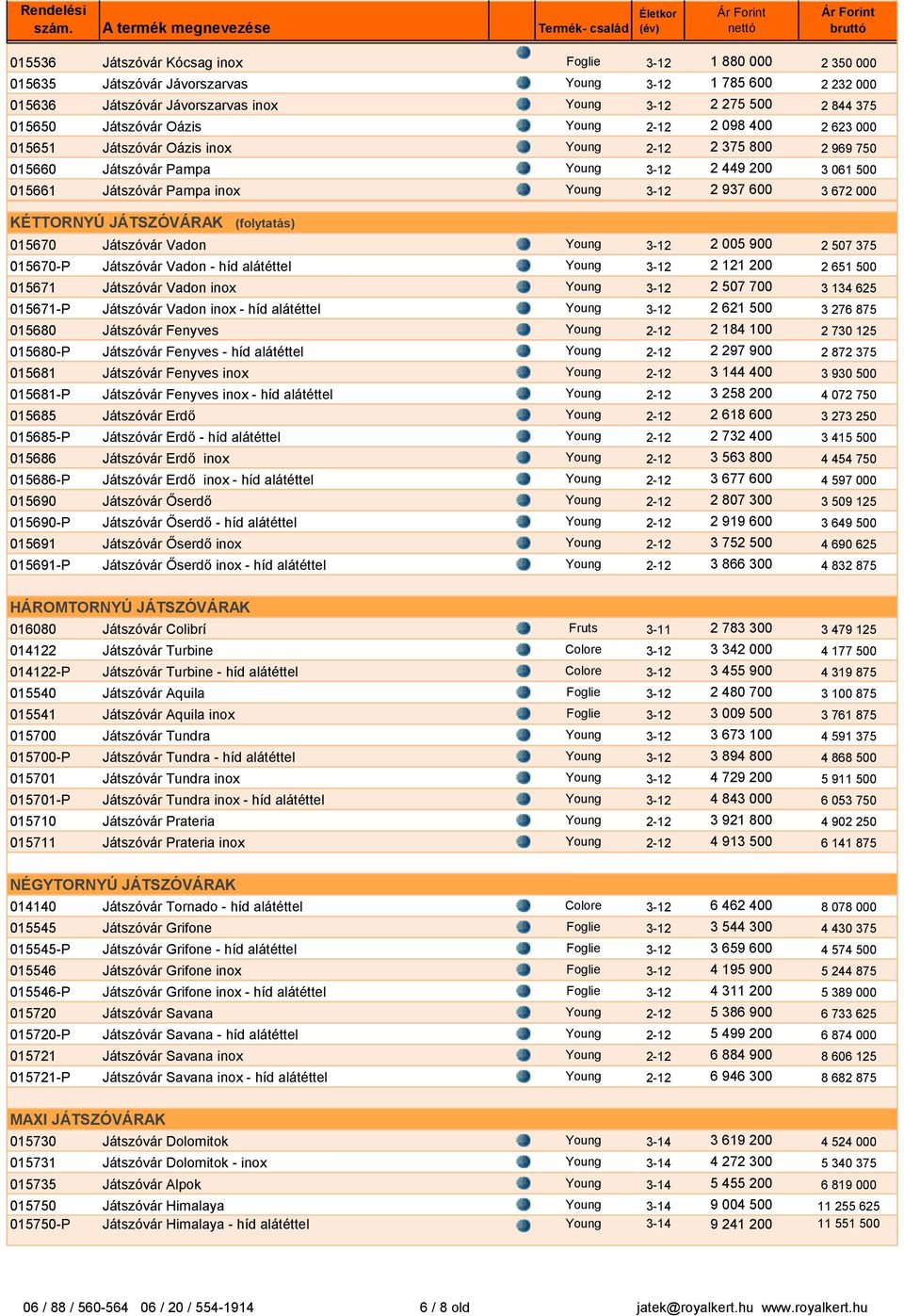 2 937 600 3 672 000 Oszlop1 Oszlop2 Oszlop3Oszlop4 Oszlop5Oszlop6 Oszlop7 KÉTTORNYÚ JÁTSZÓVÁRAK (folytatás) 015670 Játszóvár Vadon Young 3-12 2 005 900 2 507 375 015670-P Játszóvár Vadon - híd