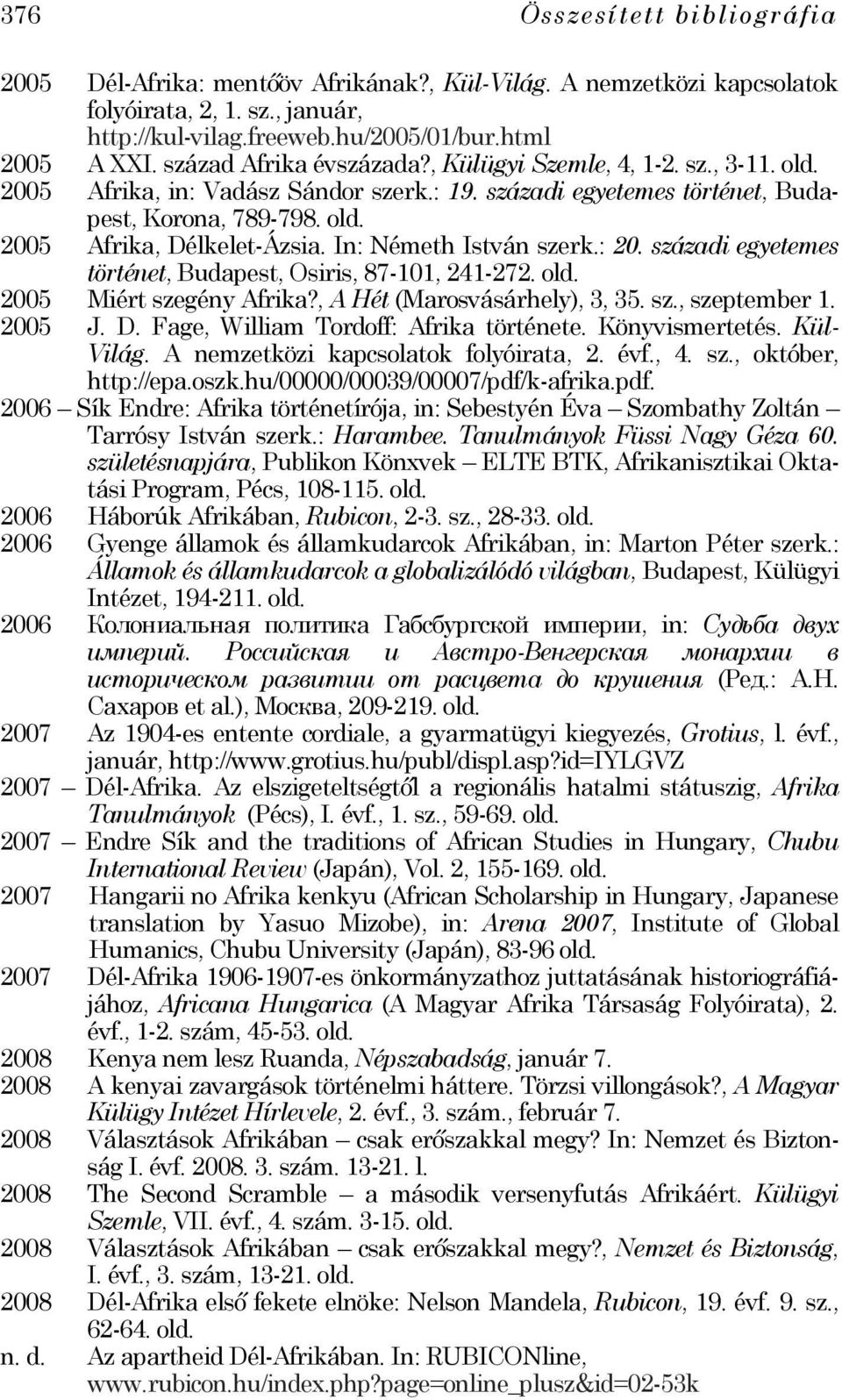 In: Németh István szerk.: 20. századi egyetemes történet, Budapest, Osiris, 87-101, 241-272. 2005 Miért szegény Afrika?, A Hét (Marosvásárhely), 3, 35. sz., szeptember 1. 2005 J. D.