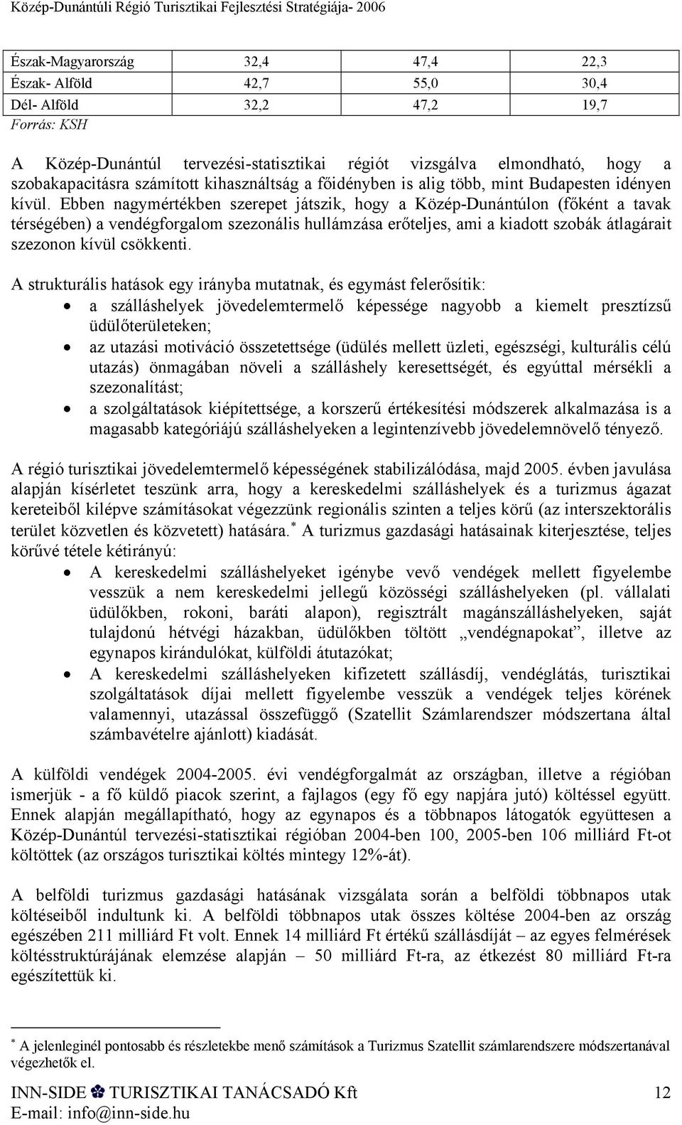 Ebben nagymértékben szerepet játszik, hogy a Közép-Dunántúlon (főként a tavak térségében) a vendégforgalom szezonális hullámzása erőteljes, ami a kiadott szobák átlagárait szezonon kívül csökkenti.