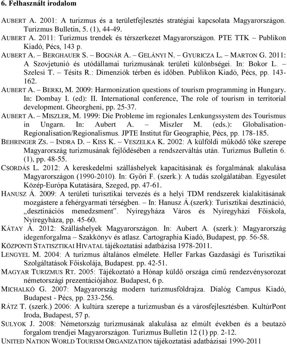 Tésits R.: Dimenziók térben és időben. Publikon Kiadó, Pécs, pp. 143-162. AUBERT A. BERKI, M. 2009: Harmonization questions of tourism programming in Hungary. In: Dombay I. (ed): II.